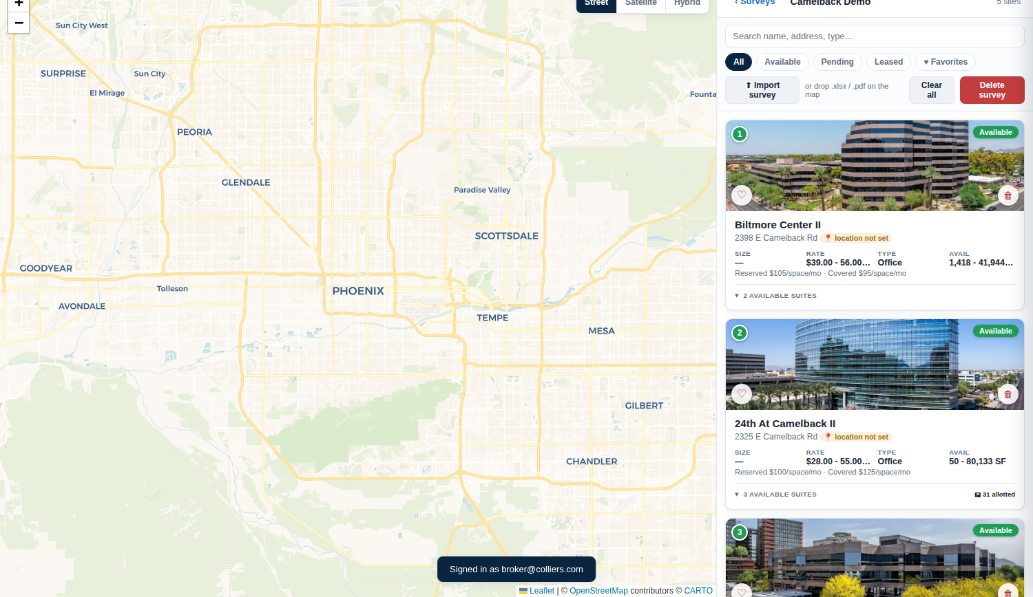 CommercialView survey workspace: interactive map with placed buildings and property cards with photos, suites and rates